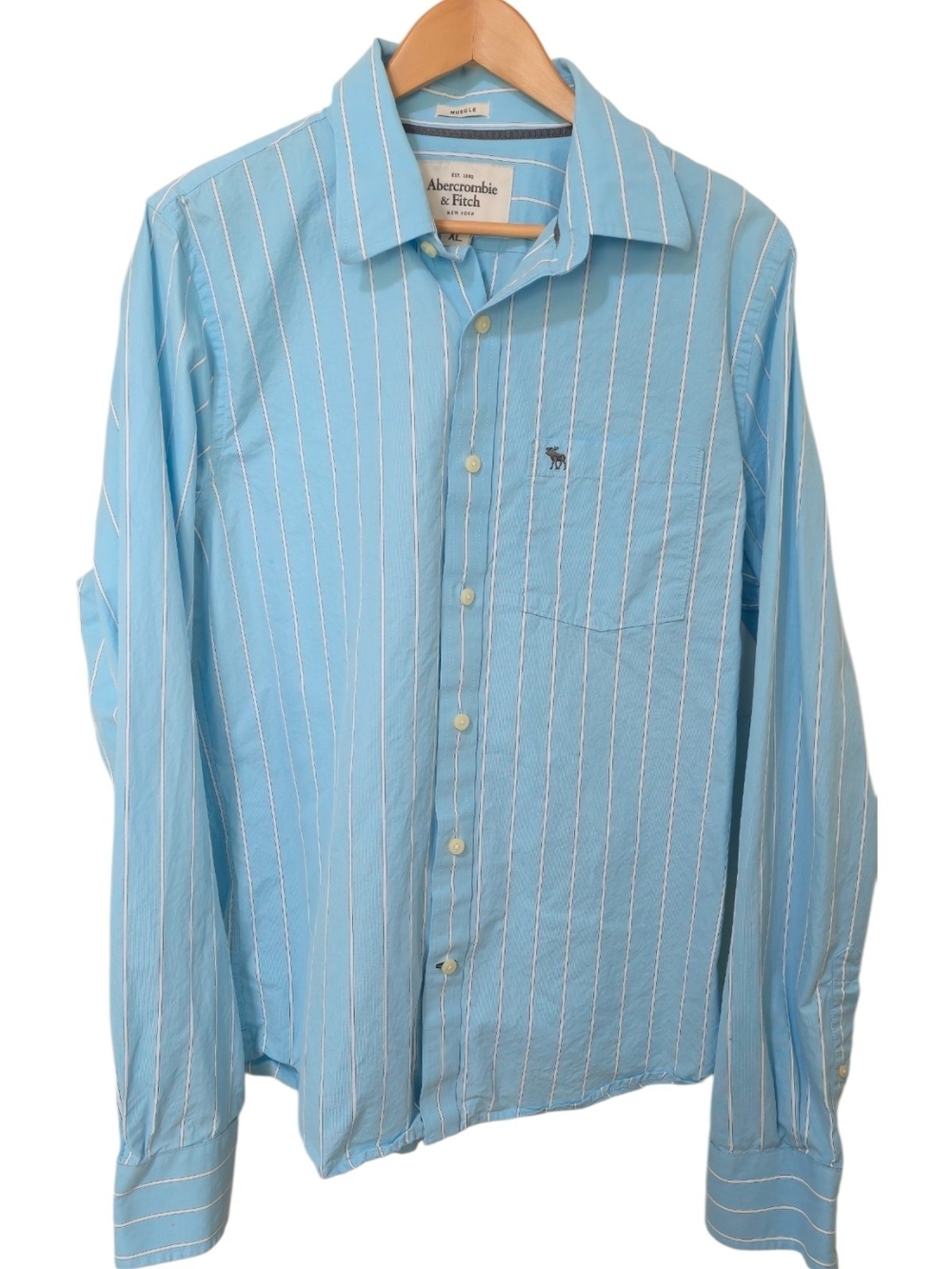 Abercrombie & Fitch Muscle Fit Blue Pinstripe Button Down Shirt XL Preppy Staple